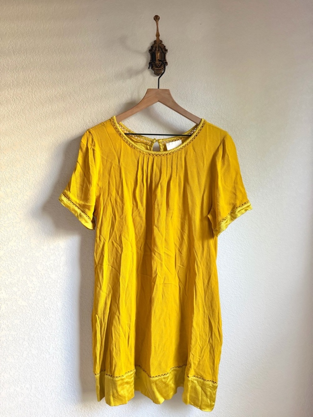 Anthropology Maeve Gold Embroidered Short Sleeve Swing Dress